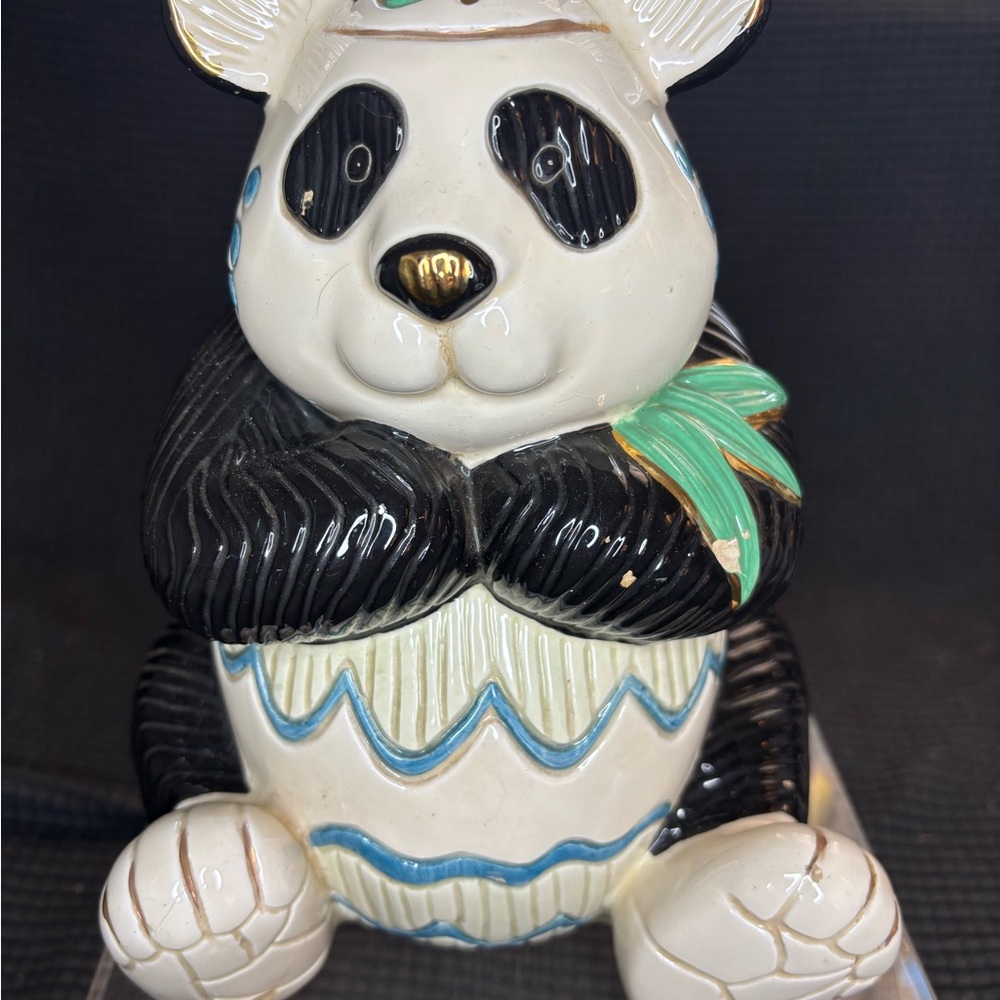Vintage Asian Ceramic Panda Bear Piggy Bank with Stopper - flaws pictured